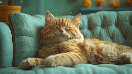 Naklejka na meble A fluffy ginger cat rests peacefully, its eyes closed, nestled on a tufted green sofa in a serene and inviting atmosphere.