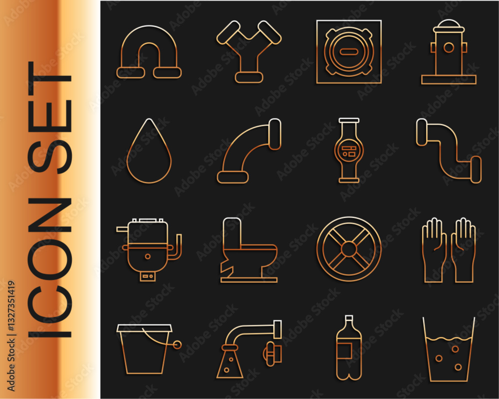 Set line Glass with water, Rubber gloves, Industry metallic pipe ...