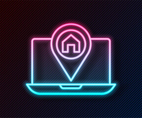 Wall Mural - Glowing neon line Infographic of city map navigation icon isolated on black background. Laptop App Interface concept design. Geolocation concept. Vector