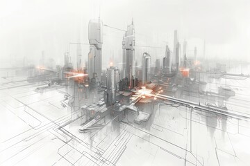 Futuristic city skyline with abstract architecture and intricate design elements, showcasing innovation and modernity.