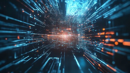 Abstract data flow visualization with blue lines and orange light focus