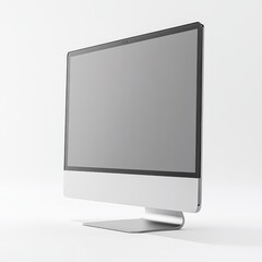 Poster - Sleek All-in-One Computer Displaying a Blank Gray Screen in a Minimalist White Studio Setting for Business and Creative Applications.