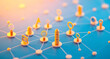 © calakan.id - 3D rendering business digital marketing innovation technology icons on network connection gold background