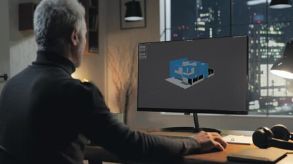 architect at the desk designs 3d house on computer screen,male designer sitting at the desktop in office designing projecting residential building