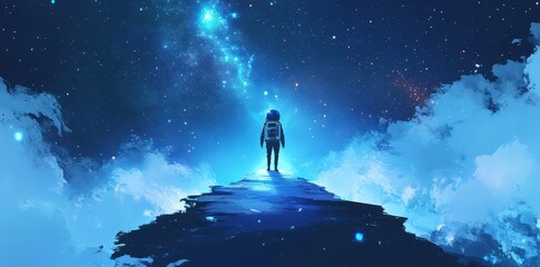 Wall Mural - an astronaut stands facing a luminous galaxy in a starry space