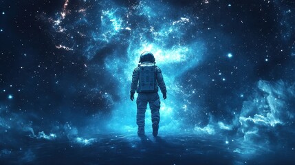 Wall Mural - astronaut stands alone looking into a vibrant cosmic celestial space