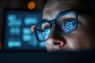 Cybersecurity expert wearing glasses examines security threats displayed on a glowing laptop screen in a dimly lit office. Encrypted data and graphs softly blur in the background