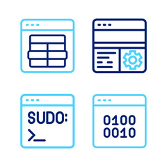 Wall Mural - set line binary code, code terminal, debugging and mysql icon. vector