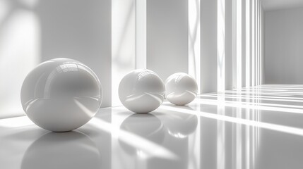 Fototapete - Three white spheres are placed on a shiny floor in a modern white room with bright sunlight streaming through tall windows. Ai generated