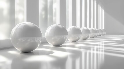 Fototapete - White spheres are aligned in a bright white corridor with sunlight passing through large vertical windows, creating a modern and minimalist atmosphere. Ai generated