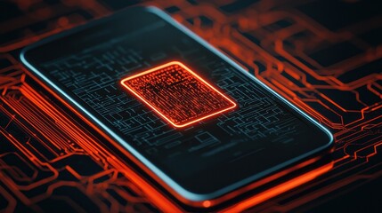 A mobile phone displaying a glowing circuit board pattern, emphasizing technology and digital connectivity.