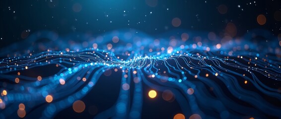 Futuristic digital network landscape with glowing blue particles and light streaks. Abstract technology concept for data transmission, AI, and interconnected systems.