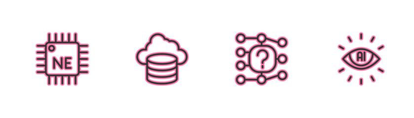 Wall Mural - Set line Processor CPU, Neural network, Cloud database and Artificial intelligence AI icon. Vector