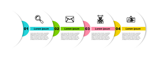Wall Mural - set line magnifying glass, envelope, face recognition and identification badge. business infographic