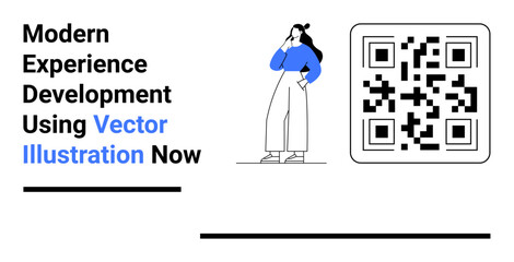 Woman standing thoughtfully next to a QR code, representing digital progress. Ideal for innovation, technology, marketing, mobile apps, branding, digital platforms, flat landing page banner