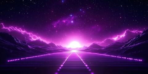 Wall Mural - vibrant purple sunset over futuristic landscape with glowing path and starry sky