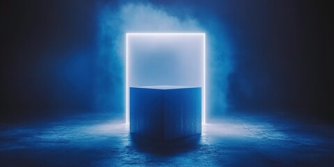 Wall Mural - futuristic glowing square surrounded by mist and illuminated cube in dark setting at night