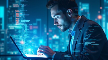 man working on laptop with holographic data projection in futuristic city. cybersecurity, big data a