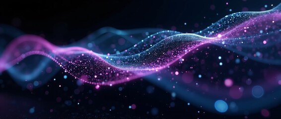 Futuristic digital waves with glowing particles on dark background. Abstract technology concept for data flow, network connection, and AI. Cyber security visualization.