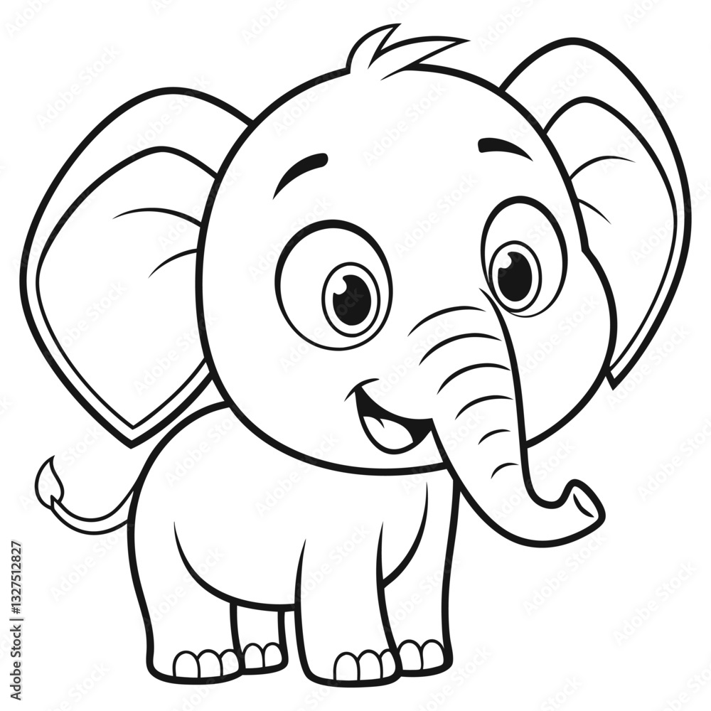Cute Baby Elephant Coloring Page for Kids Line Art Silhouette Vector ...