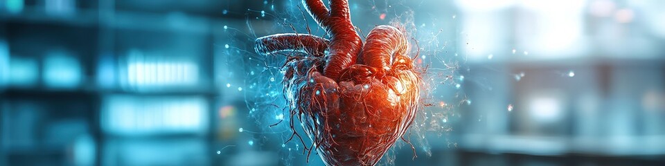 Wall Mural -  Digitally enhanced human heart with glowing energy effect, symbolizing medical technology, cardiology, and advancements in healthcare.