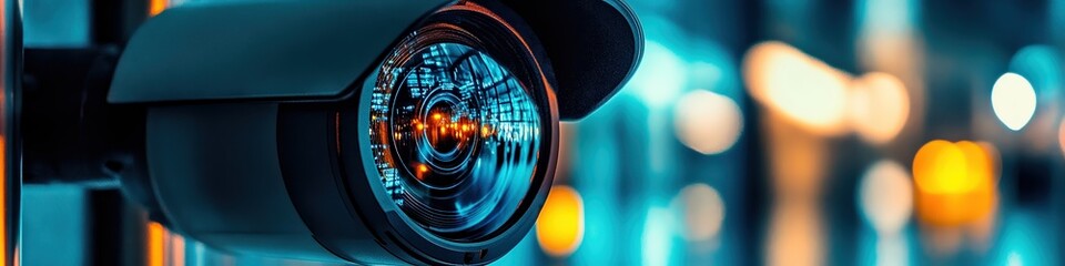 Wall Mural -  Close-up of modern surveillance camera with glowing city lights in background, symbolizing security, surveillance, and advanced urban technology.