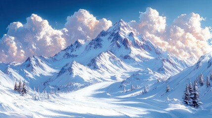 Snowy mountain peak at sunrise with valley and clouds