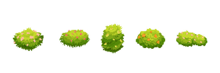 Five pixel art bushes display a variety of green shades and textures, each adorned with flowers.