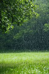 Wall Mural - Lush green landscape under heavy rain with water droplets creating a serene and refreshing atmosphere.