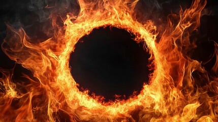 Wall Mural - fiery ring of flames with a black center on a black background. ideal for representing power, energy