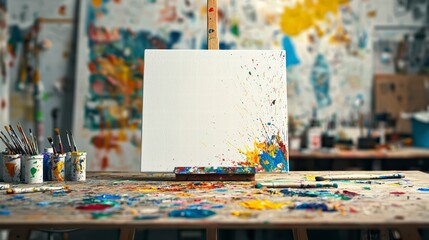 Wall Mural - blank canvas of creation: an inviting art studio, ready for inspiration, with a clean canvas set aga