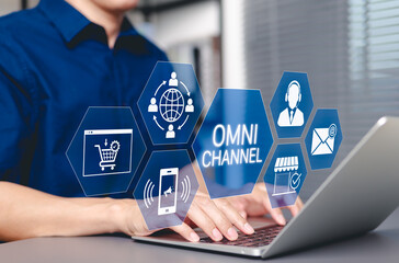 Wall Mural - omni channel digital marketing and e-commerce concept. businessman with omni-channel market icon, cu