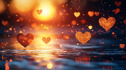 Poster - Sparkling Hearts Romantic Sunset Water Reflection
