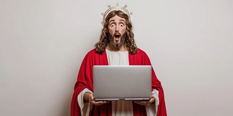 Wall Mural - surprised jesus christ using laptop, white walls