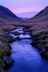 Wall Mural - Tranquil stream flows through a picturesque valley at dusk, surrounded by gentle hills under a serene, pastel sky.
