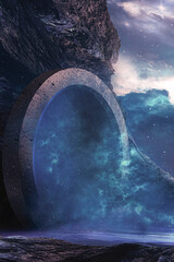 Wall Mural - fantasy landscape, round stone portal in the mountain, neon glow, sunset, fog, reflection in the wat