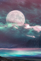 Wall Mural - fantasy landscape, round stone portal in the mountain, neon glow, sunset, fog, reflection in the wat