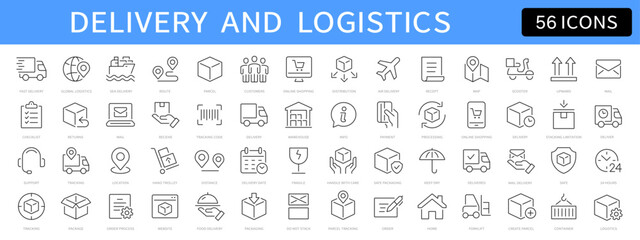 Fototapete - Delivery and Logistics thin line icons set. Delivery, shipping, tracking, parcel, box icon. Editable stroke. Vector 