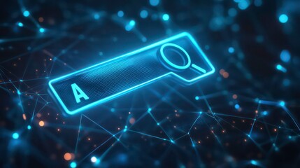 Wall Mural - futuristic search bar with glowing blue outline, magnifying glass icon, and placeholder text 