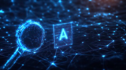 Wall Mural - futuristic search bar with glowing blue outline, magnifying glass icon, and placeholder text 