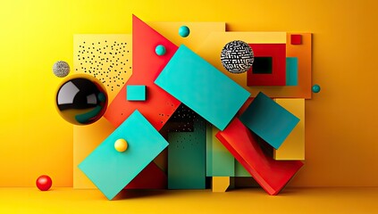 Poster - Colorful Geometric Shapes Composition on Yellow Background