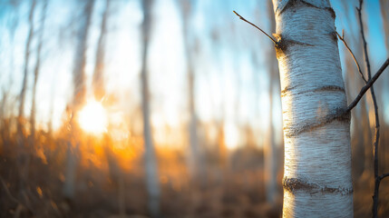 Wall Mural - fisheye close up of birch tree trunk with blurred forest background, illuminated by warm setting sun