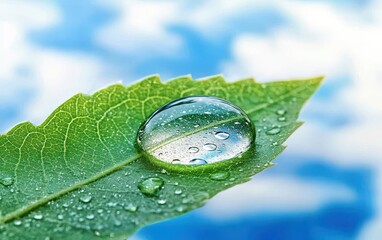 Wall Mural - Of a macro nature close-up of a single dew drop on a green leaf reflecting the sky