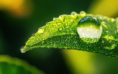 Wall Mural - Of a macro nature close-up of a crystal-clear water droplet on a leaf edge