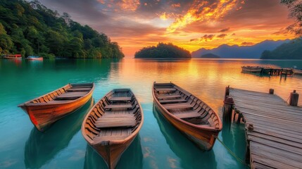 Naklejka na meble Of a Peaceful island dock with wooden boats floating on calm turquoise waters under a warm sunset