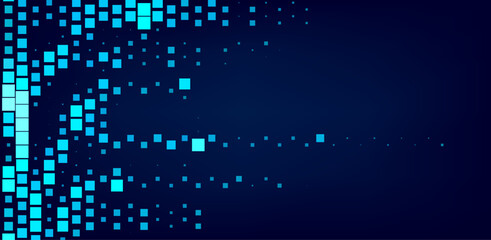 Poster - Digital vector illustration of grid of blue squares on a dark background. Arrangement of squares creates a dynamic, flowing pattern that resembles data or pixels in a modern, tech-inspired design.