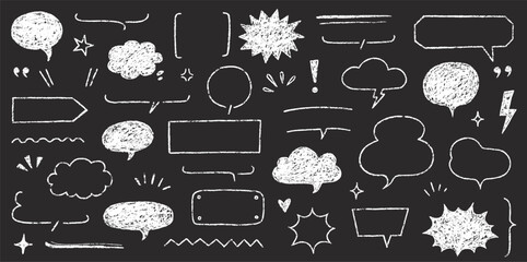 Poster - Speech bubble text frame dialog cloud hand drawn set. Crayon chalk doodle talk speech bubble frame. Hand drawn line chalk frame, think balloon, children doodle text cloud icon. Vector illustration.