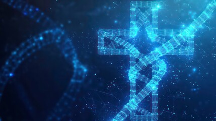 Wall Mural - a digital cross intertwined with dna strands, representing the intersection of faith and science in 