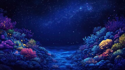 Wall Mural - a serene underwater scene featuring glowing corals and marine life under a starry night sky.