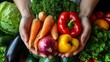 © NCSF - Freshly Harvested Vegetables in a Garden Basket, A person holding a wicker basket filled with fresh vegetables including tomatoes